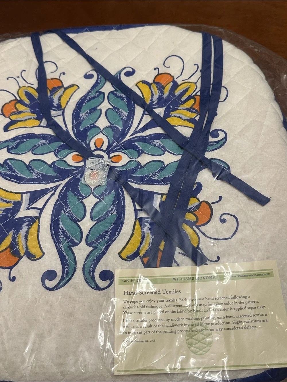 Set of 2 Williams Sonoma Hand Screened Quilted Seat Cushions with Blue Trim